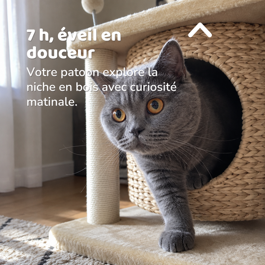 7 h, éveil en douceur — arbre à chat design naturel