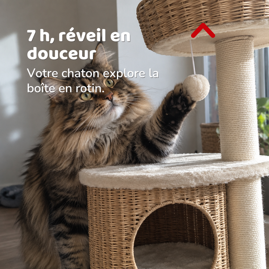 7 h, réveil en douceur — arbre à chat rotin