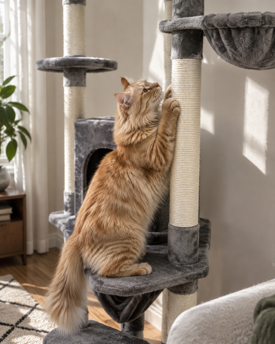 Le revêtement va perdre partout. · AMT0119GY-HW — arbre a chat d angle