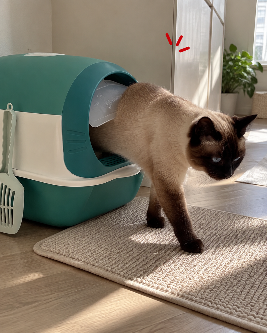 Les grains collent aux pattes et sortent du bac. · green — bac litiere petit espace