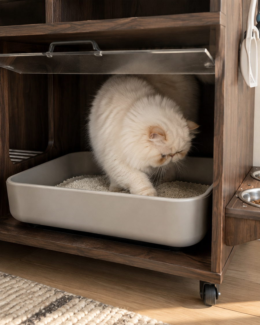 Mon bac ne rentrera pas. · Walnut — Meuble toilette chat