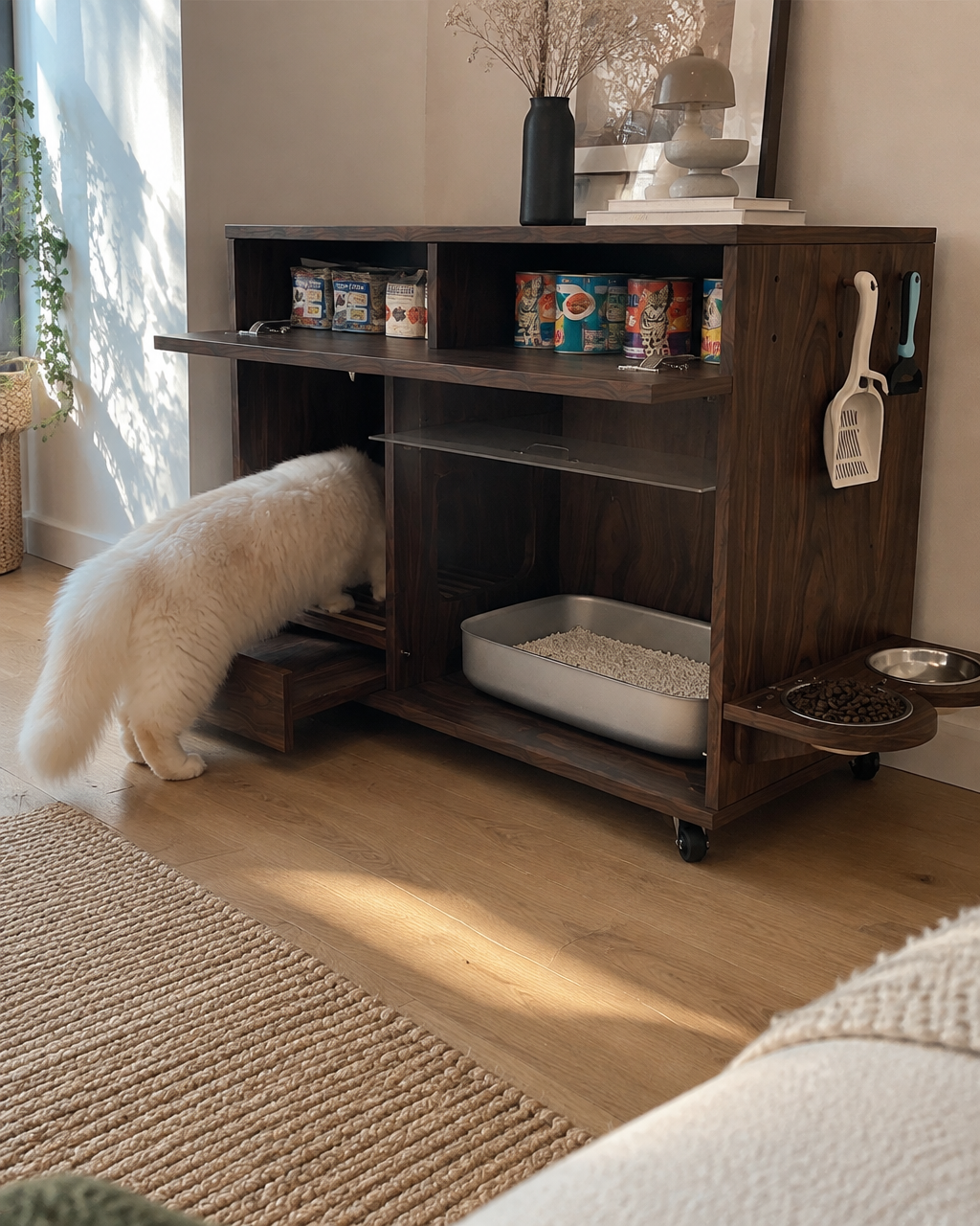 Le chat n'entrera pas. · Walnut — Meuble toilette chat