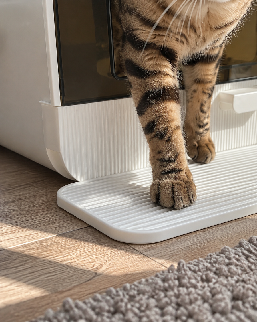 Les grains collent aux pattes et sortent du bac. · White — Maison de toilette pour chat design