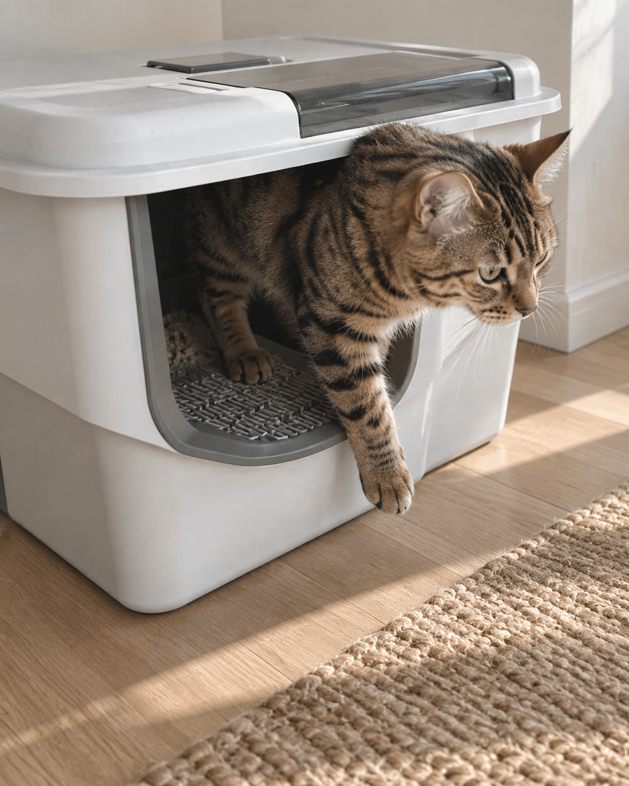 Les grains collent aux pattes et sortent du bac. · style4 — Maison de toilette pour chat xxl