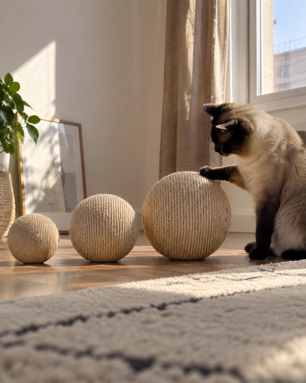 Montrer les trois tailles disponibles. — Boule griffoir chat
