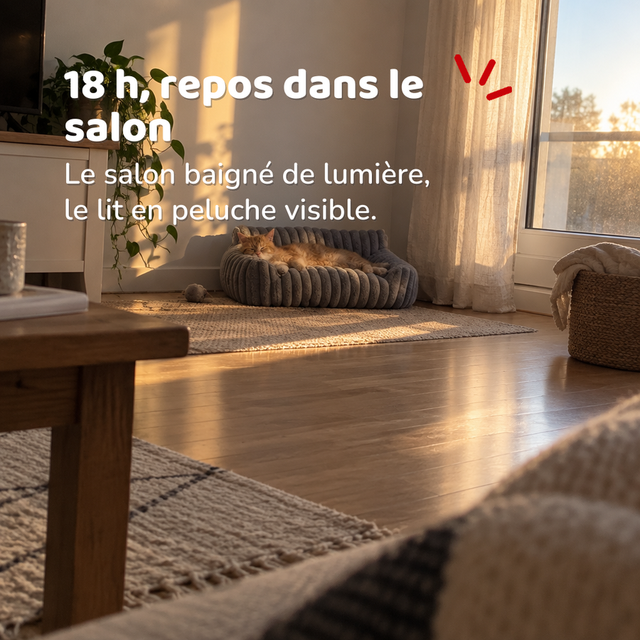 18 h, repos dans le salon — lit chaton