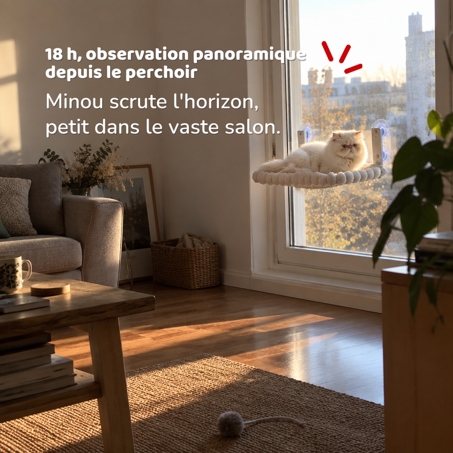 18 h, observation panoramique depuis le perchoir — lit chat suspendu