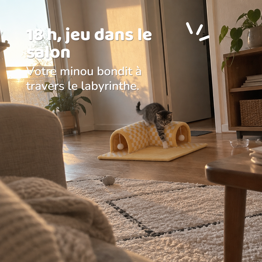 18 h, jeu dans le salon — lit labyrinthe chat
