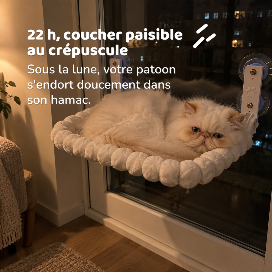 22 h, coucher paisible au crépuscule — lit chat suspendu