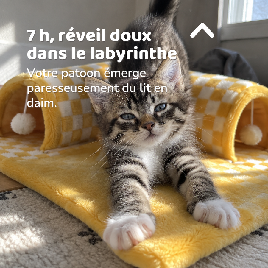 7 h, réveil doux dans le labyrinthe — lit labyrinthe chat