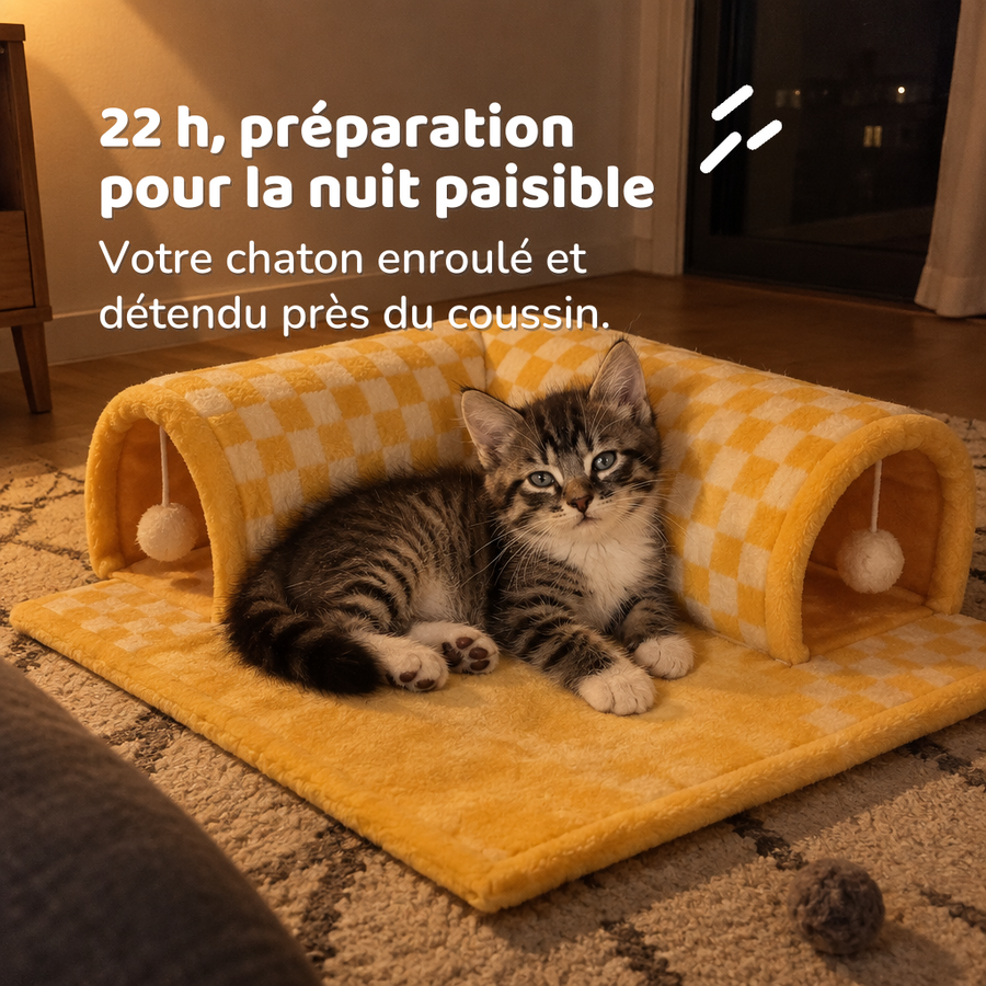22 h, préparation pour la nuit paisible — lit labyrinthe chat
