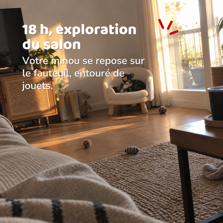 18 h, exploration du salon — fauteuil pour chat