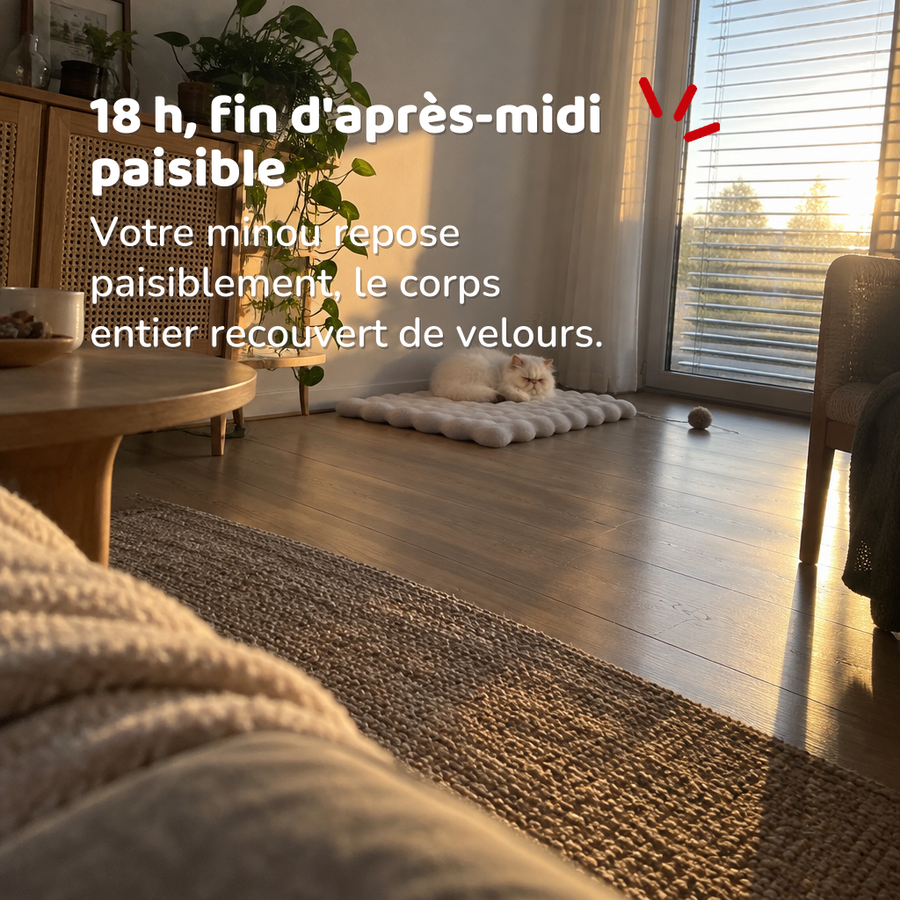 18 h, fin d'après-midi paisible — coussin chauffant chat