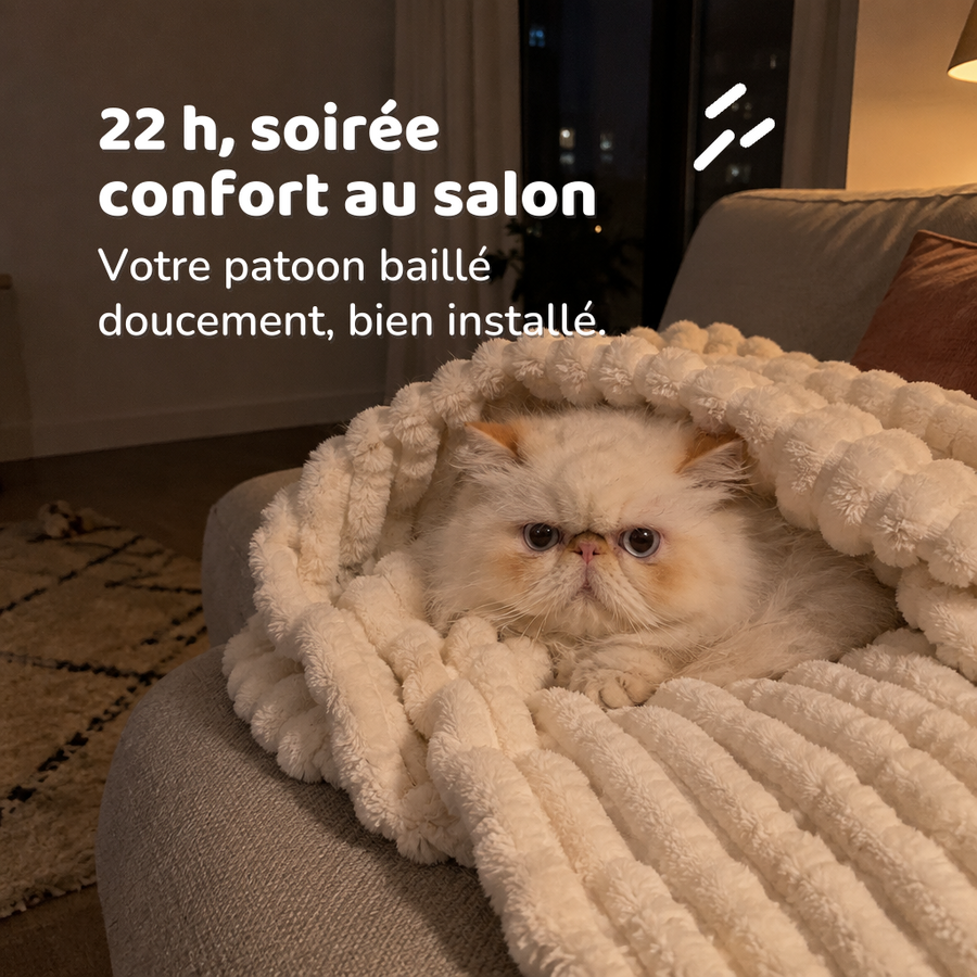 22 h, soirée confort au salon — plaid chaton