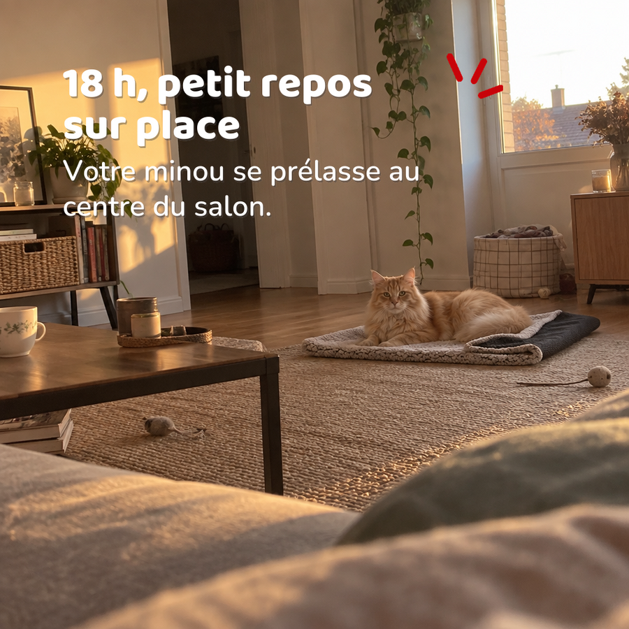 18 h, petit repos sur place — couverture chauffante chat