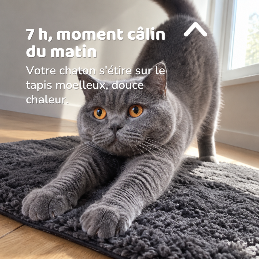 7 h, moment câlin du matin — tapis chauffant chaton