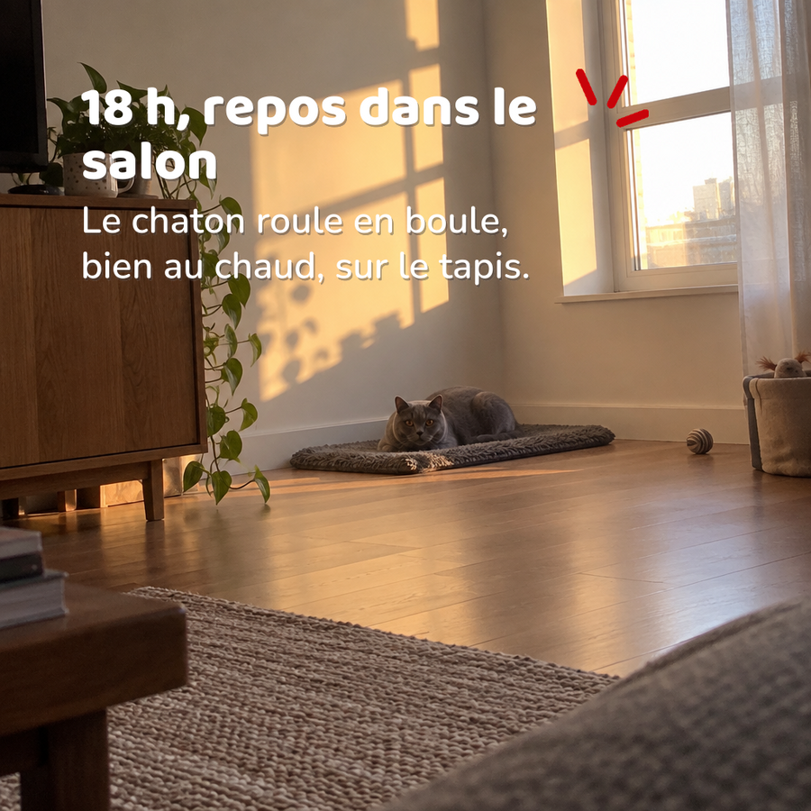 18 h, repos dans le salon — tapis chauffant chaton