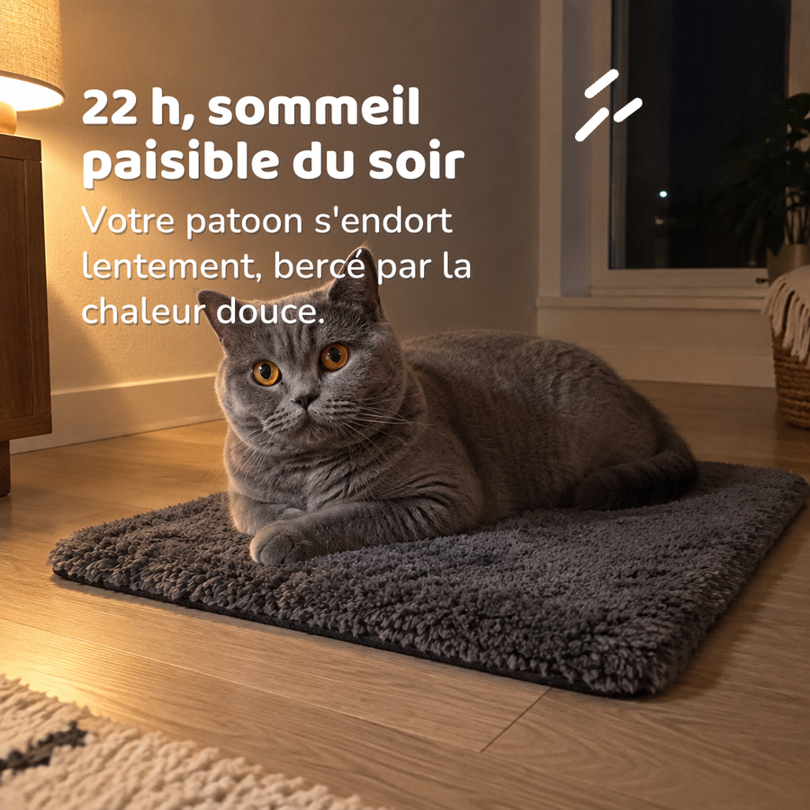 22 h, sommeil paisible du soir — tapis chauffant chaton