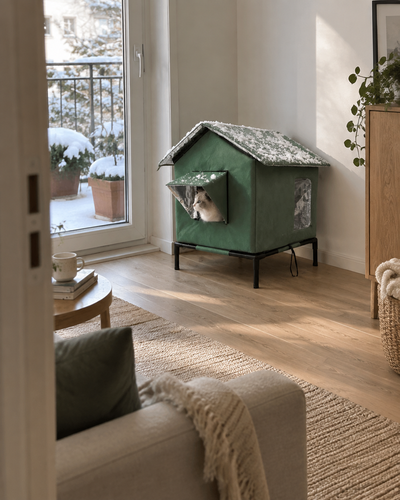 Un chat regarde dehors, bien au chaud — abri pour chat extérieur hiver