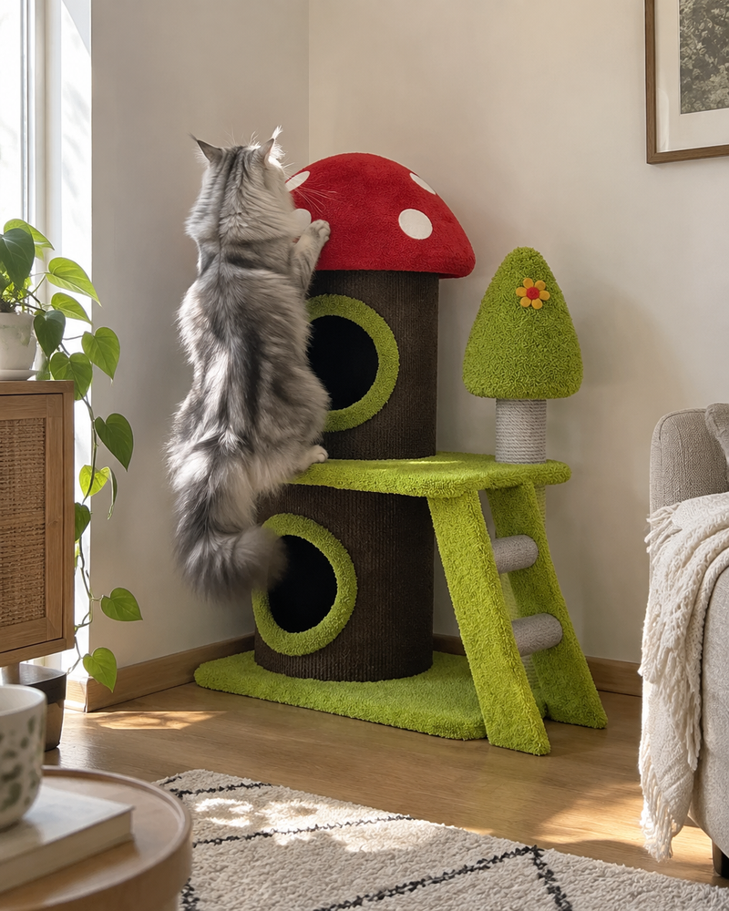 Un chat grimpe sur l'arbre à chat — Arbre à chat champignon