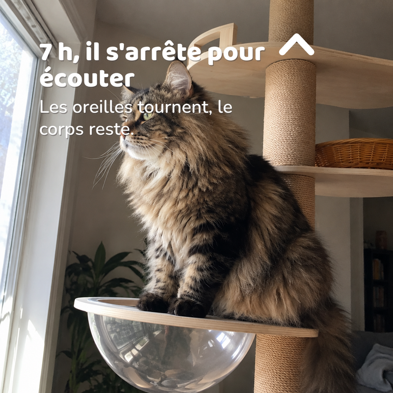 7 h, il s'arrête pour écouter — arbre à chat géant fixation plafond