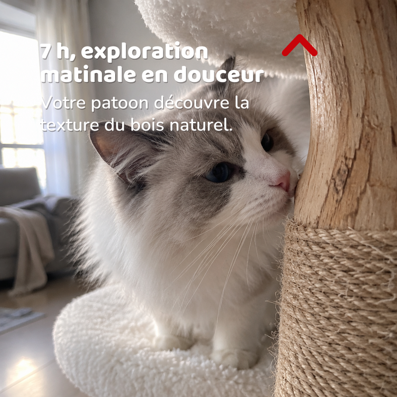 7 h, exploration matinale en douceur — arbre à chat tronc naturel