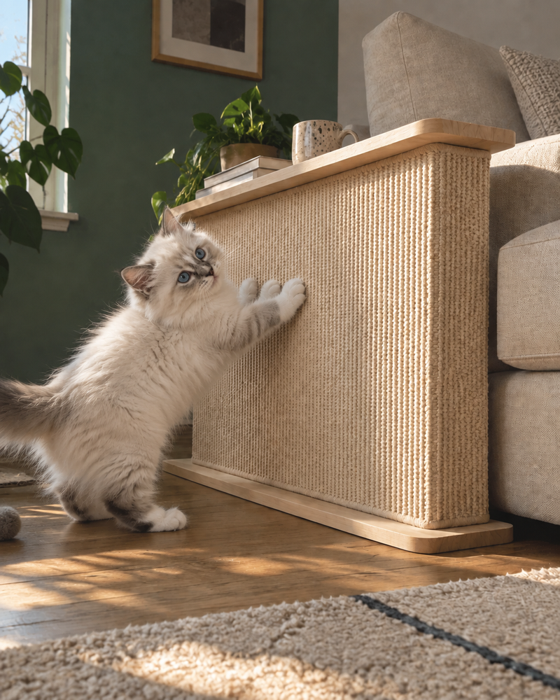Un chat tire sur le griffoir. — Griffoir accoudoir canapé