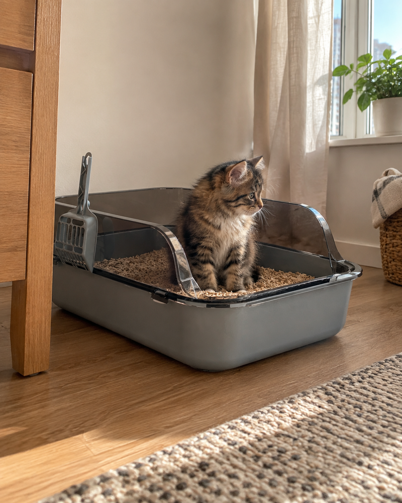 Un chaton assis confortablement dans la litière. — petite litiere chaton