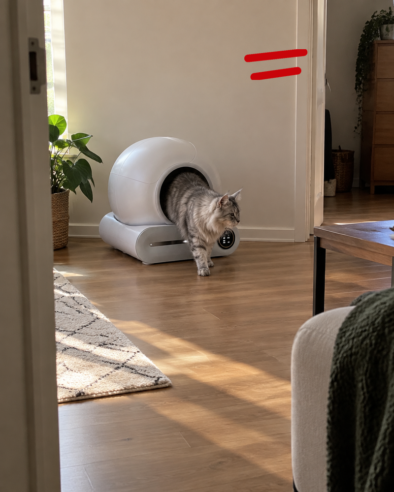 Un chat sort de la litière sans odeur — litière auto