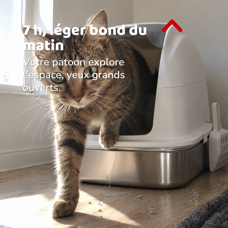 7 h, léger bond du matin — bac litiere chat petite largeur