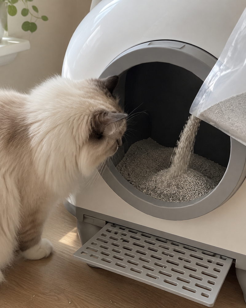 La poussière va partout quand je verse. · B — litiere pour chats autonettoyante
