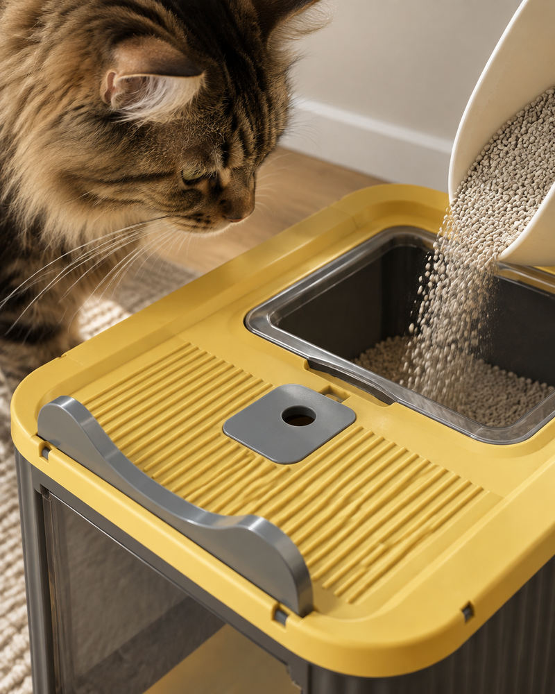 La poussière va partout quand je verse. · Yellow — Litière chat fermée anti odeur