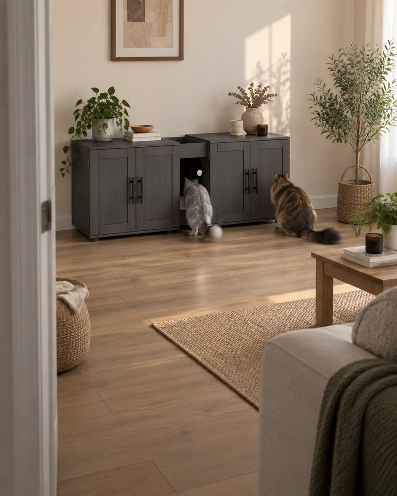 Deux chats utilisent le meuble. — Meuble litière chat xxl