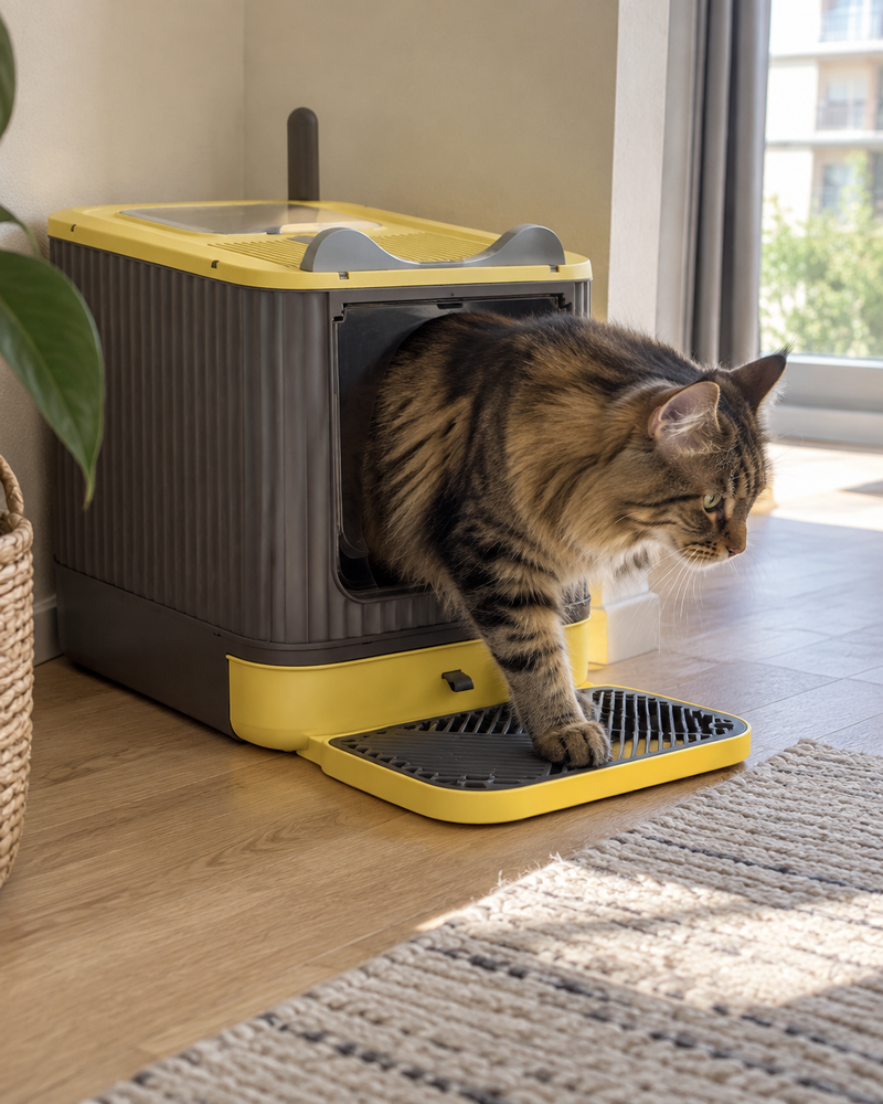 Les grains collent aux pattes et sortent du bac. · Yellow — Litière chat fermée anti odeur