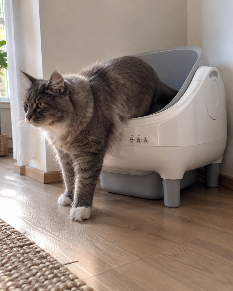 Les grains collent aux pattes et sortent du bac. · WHITE — Maison de toilette pour chat xxl