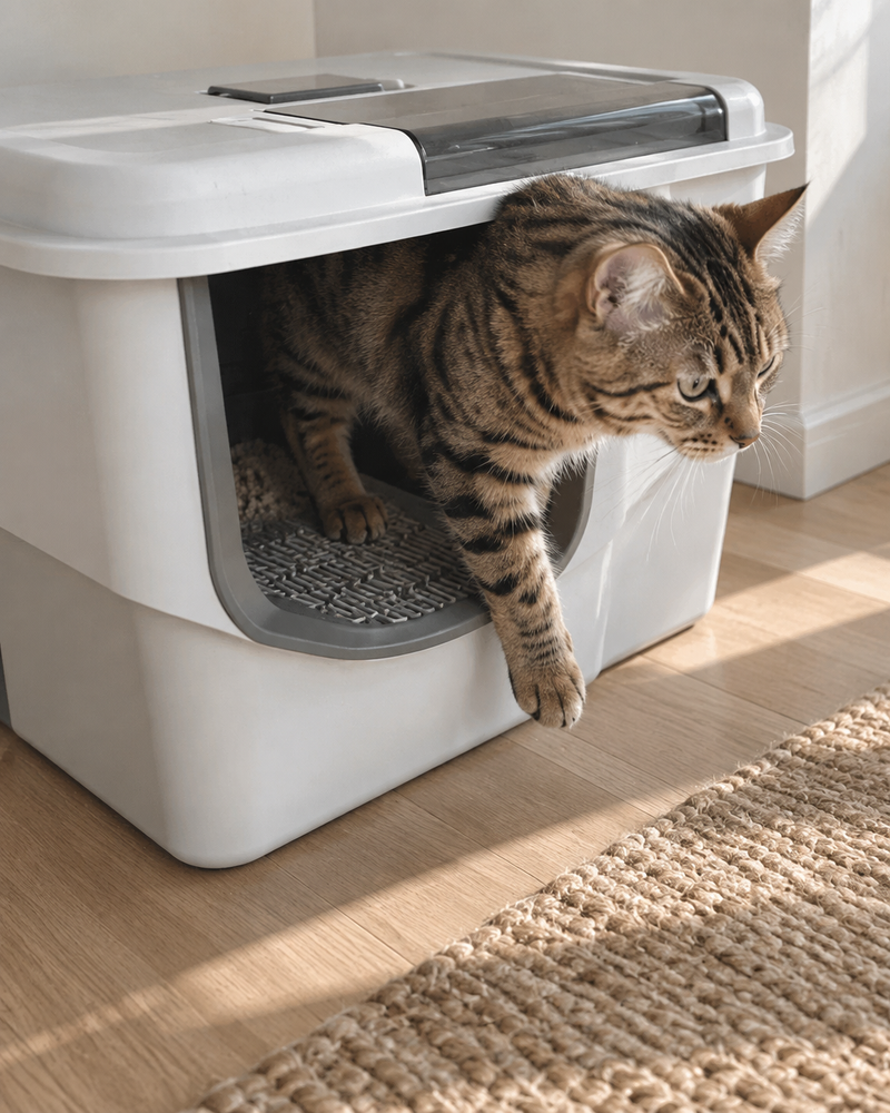 Les grains collent aux pattes et sortent du bac. · style4 — Maison de toilette pour chat xxl