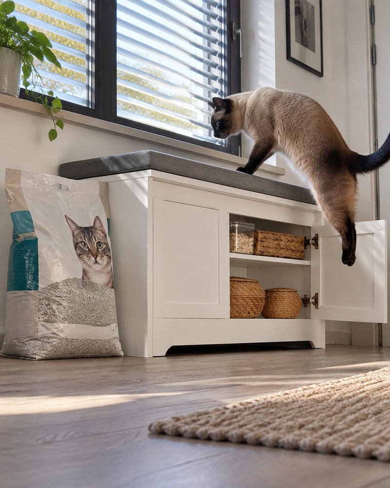 Le sac ne dure pas. · WHITE — banc de toilette pour chat