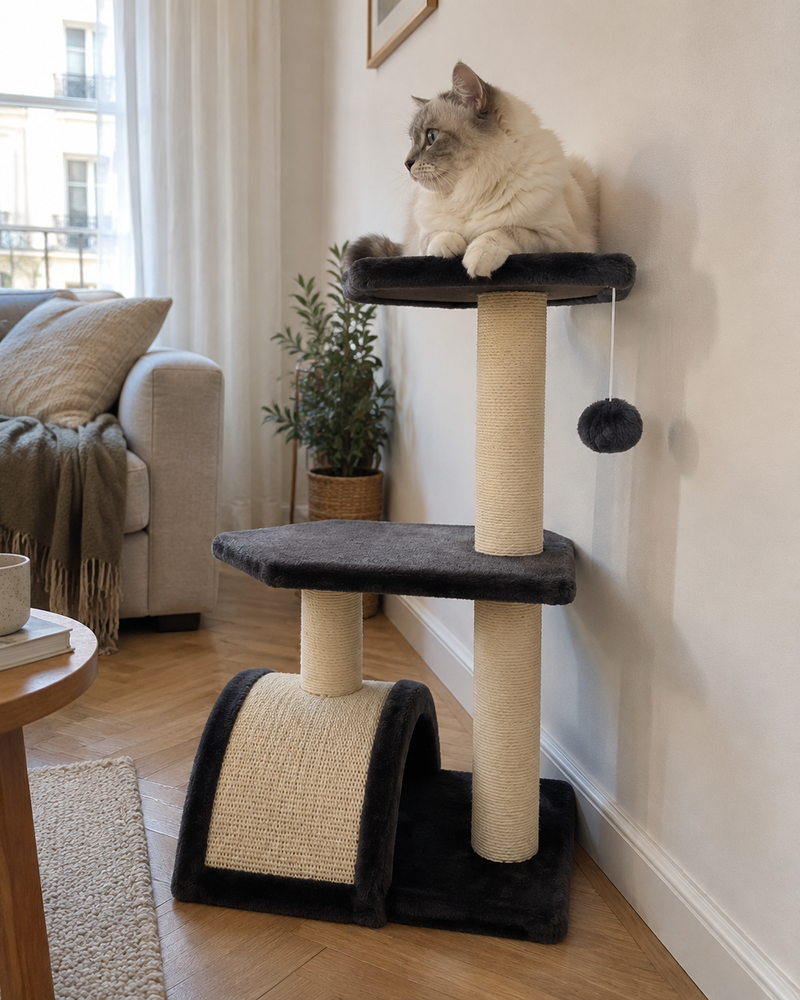 Le chat va rester en bas et ne jamais monter. · GRAY — mini arbre a chat