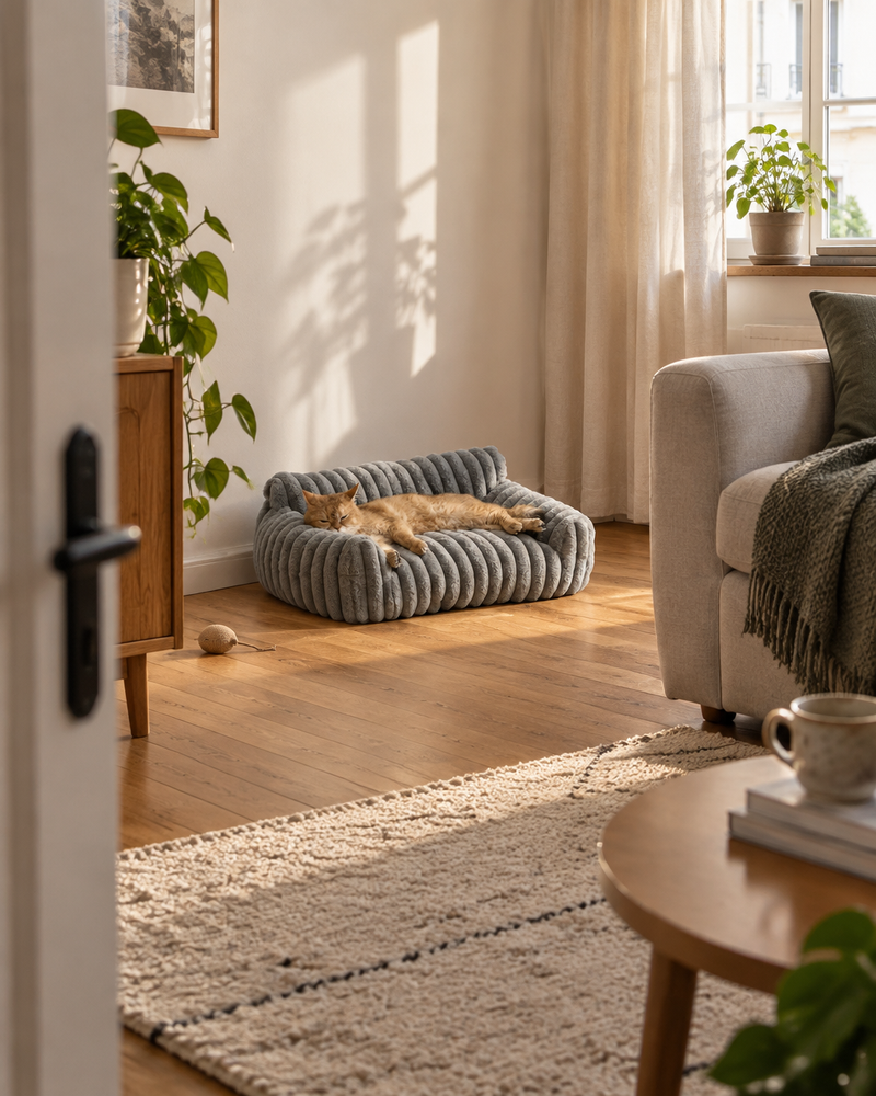 Un chat allongé confortablement sur le lit — lit chaton