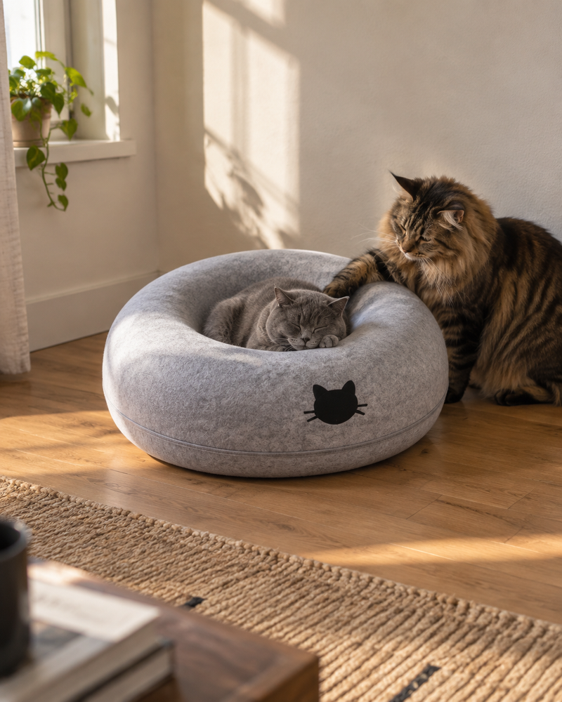 Deux chats jouent et se reposent. — lit tunnel chat