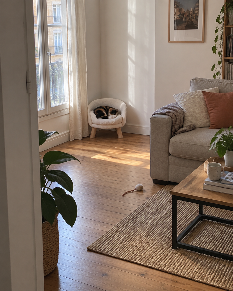 Minou se repose confortablement. — fauteuil pour chat