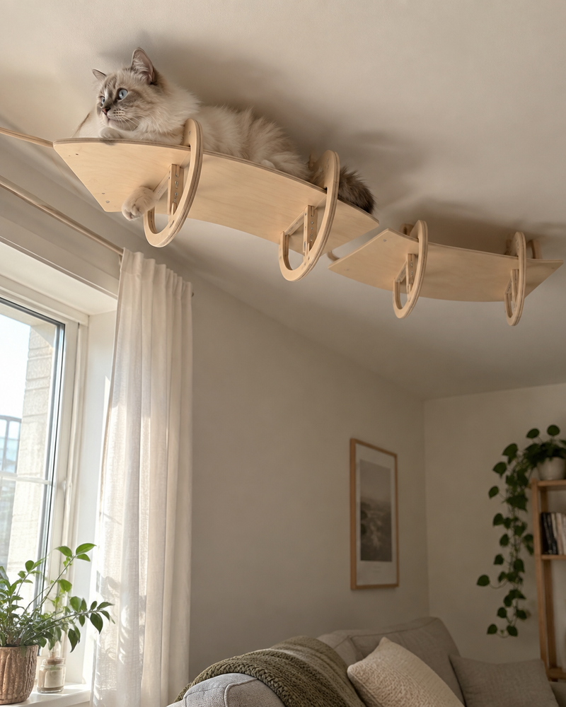 Le chat va rester en bas et ne jamais monter. · Option 2 — arbre à chat plafond bois