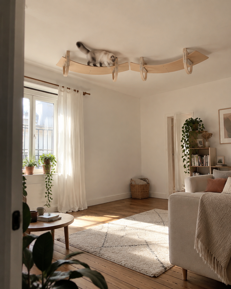 Un chat explore l'arbre à chat. — arbre à chat plafond bois